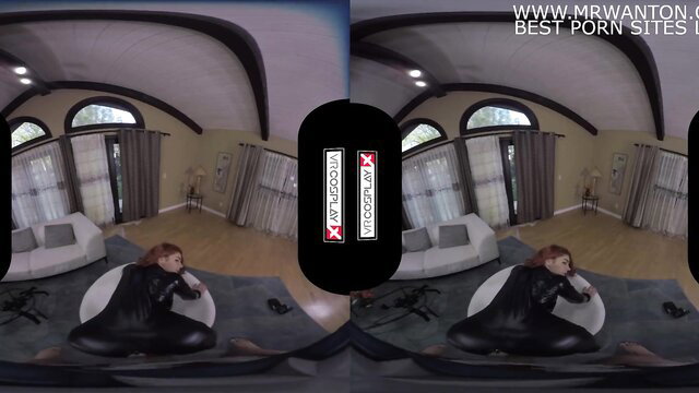 Black Widow VR cosplay in leather outfit on couch, big tits tease