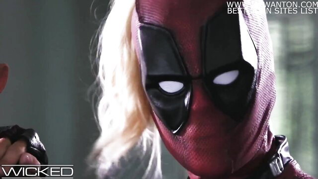 Blonde Deadpool in red suit and mask from Wicked porn parody
