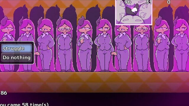Escape From Paradise hentai game: purple-haired clones surround player in tense struggle scene