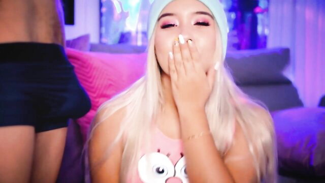 Colombian blonde beauty in pink tank top gasps at hard cock bulge