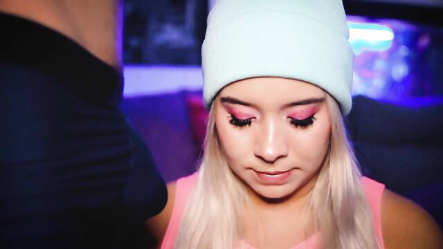 Sexy blonde in pink makeup and beanie kneels to please boyfriend's dick