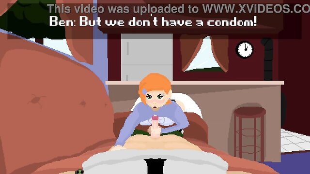 Cartoon redhead Gwen rides cock in kitchen, Ben worries no condom