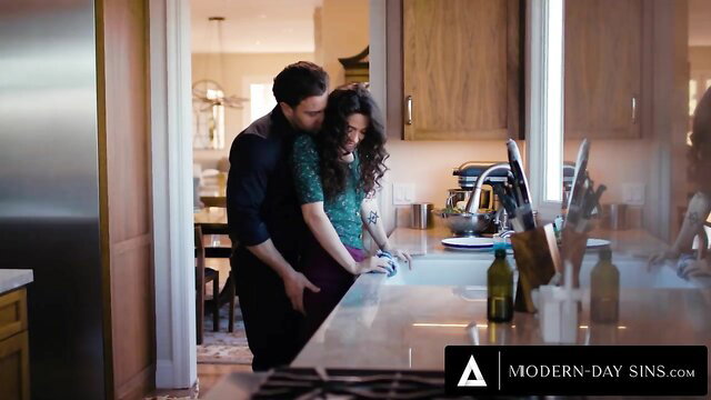 Victoria Voxxx embraced by Seth Gamble in kitchen free use tease