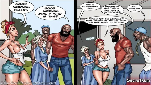 Granny, redhead daughter gangbang with black bulls in art class comic