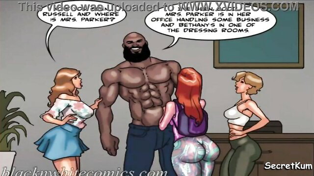 Blonde and redhead teens flirt with muscular black guy in miniskirts