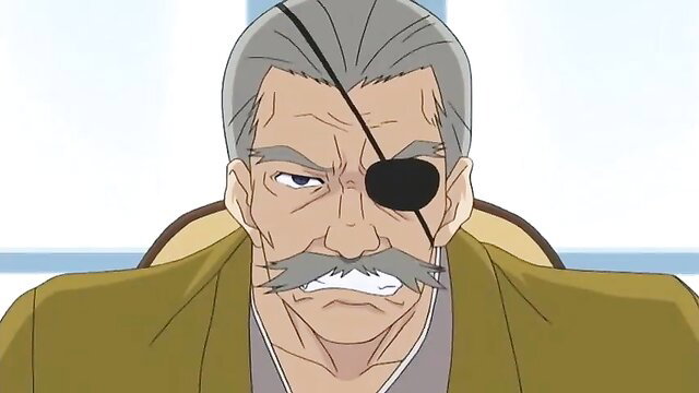 Elderly anime man with eyepatch and mustache in intense stare, Vampire Ep1
