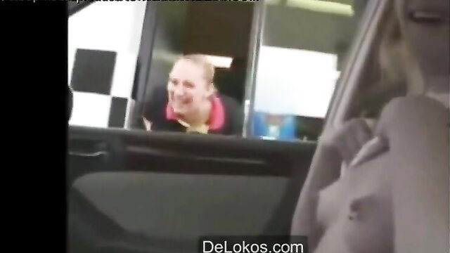 Blonde McDonald's worker flashing big tits at drive-thru window