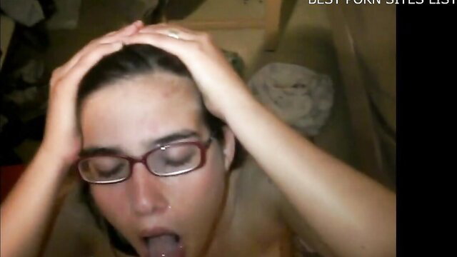 Glasses-wearing brunette gets massive facial cumshot in homemade porn