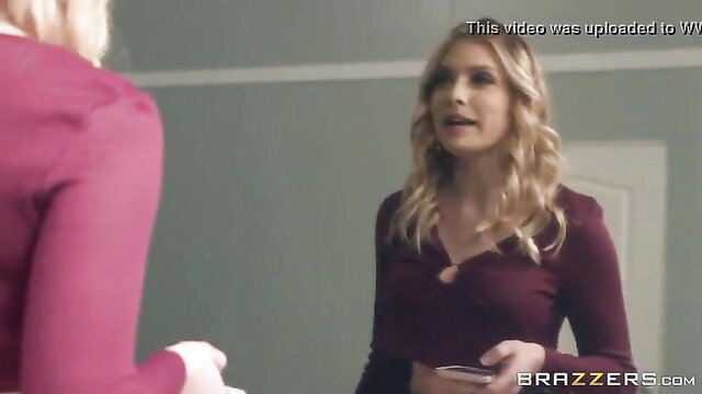 Giselle Palmer in tight maroon top with blonde babe in Brazzers scene