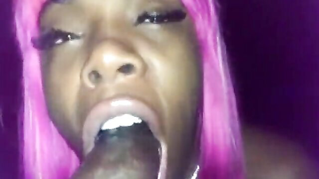Ebony with pink wig deepthroats BBC, no gag reflex cum in throat