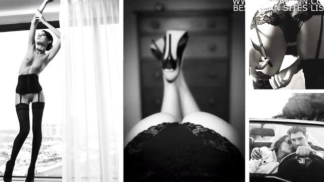 Sexy lingerie babe in stockings, garter belt, high heels, seductive poses