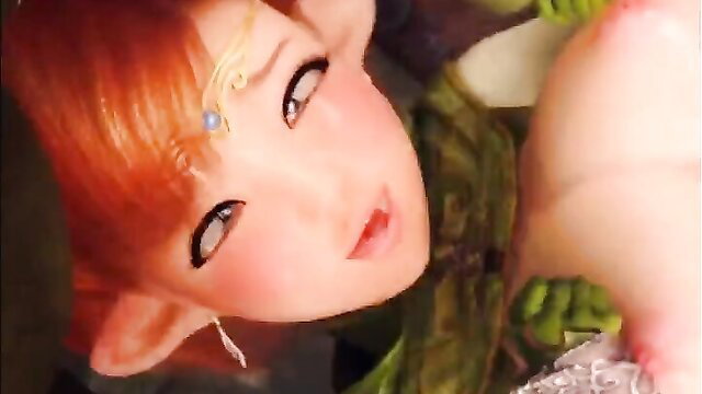 Redhead elf girl with pointed ears in green outfit, seductive close-up gaze