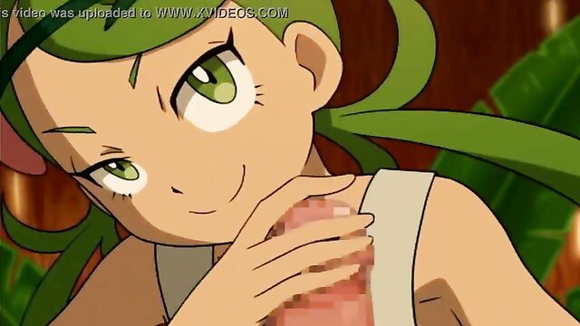 Lana Pokemon hentai HMV closeup smirking with hand on censored cock