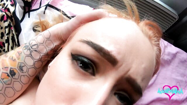 Tattooed redhead closeup selfie in bed, intense eyes, Exxxtra Small bitch