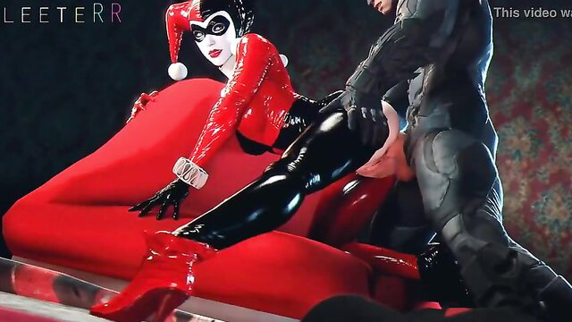Harley Quinn in shiny latex catsuit rides cock cowgirl on red couch