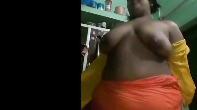 Thick black wife topless with huge tits in kitchen, amateur nude tease