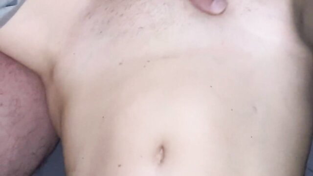 Hot shirtless guy waking up, showing toned abs and morning wood bulge