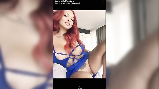 Redhead Latina in blue lingerie spreads legs on Snapchat cam show