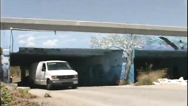 Tracy Trixxx by white van under bridge in hot outdoor scene