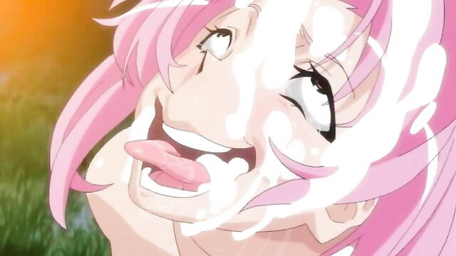 Pink-haired anime ahegao girl with cum on face and tongue out