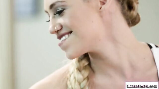 Blonde babe with braid smiles closeup in hot lesbian squirt anal scene