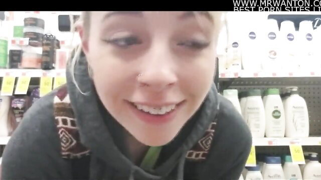 Blonde teen smiles in store aisle, public vibrator tease orgasm