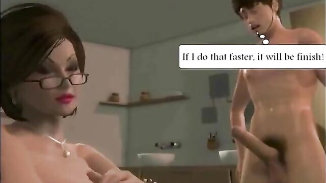 Mature brunette MILF in glasses strokes huge cock in closeup handjob