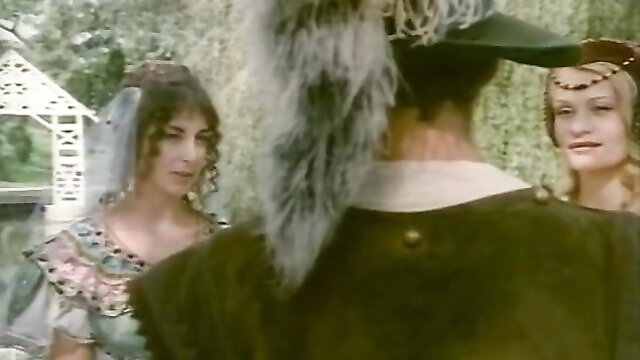 The Castle of Lucretia 1997 vintage threesome with bearded man and two busty period-dressed women