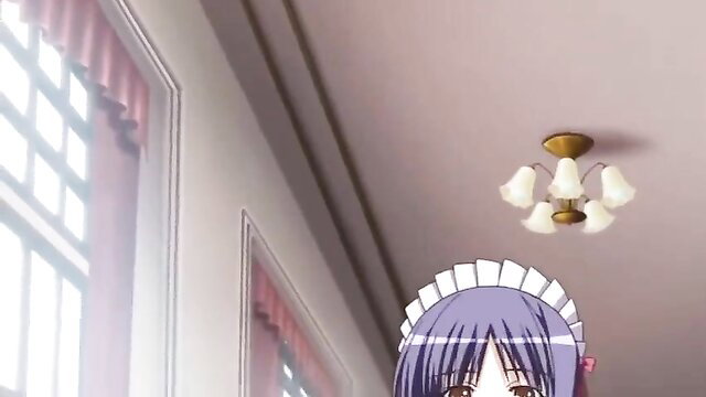 Anime maid in purple hair and frilly uniform, teasing pose