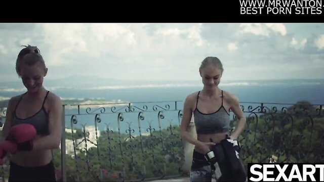 Sporty blondes in sports bras sweat on balcony, licking to orgasm - SexArt