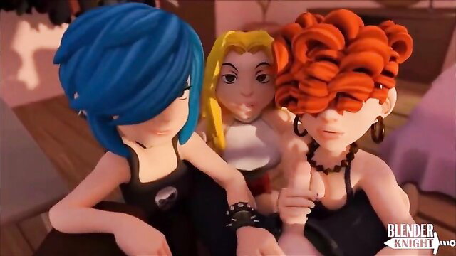 Three cartoon punk girls with blue, blonde, red hair in intimate pose