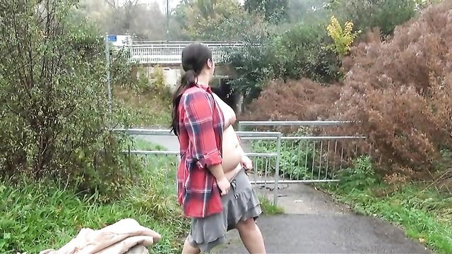 Chubby white amateur flashing tits belly under skirt outdoors