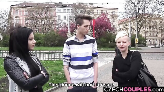 Brunette goth and blonde punk tease striped guy outdoors threesome