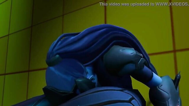 Blue alien furry autofellatio in sci-fi suit, flexible deepthroat action