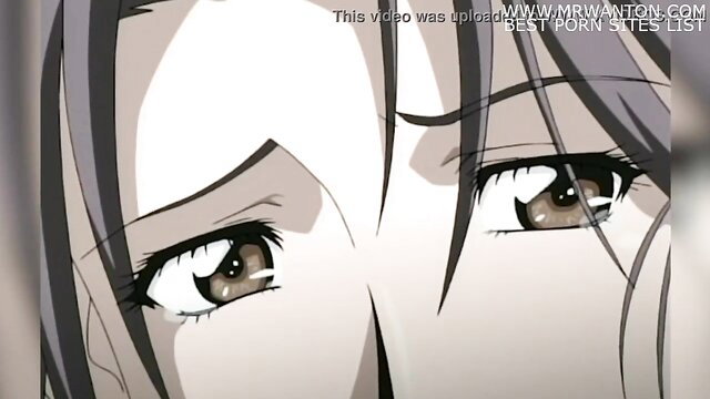 Closeup of frustrated anime wife's intense brown eyes in hentai porn thumbnail