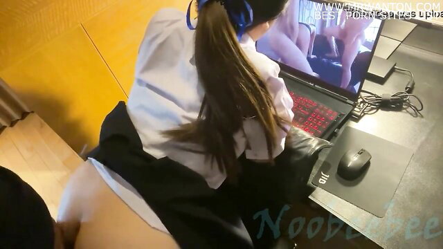 Thai schoolgirl Pam in skirt watches porn on laptop, late night solo tease