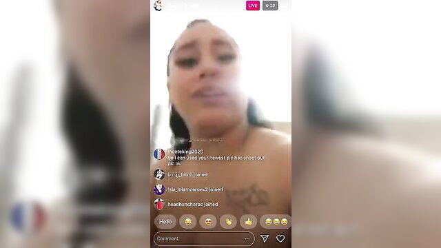 Ebony babe with huge bazooka tits on IG Live, topless tease
