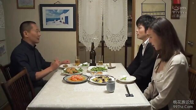 Asian couple and friend at dinner table in sexy Love Story JAV