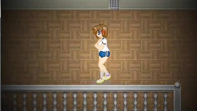 Cute anime girl in tight gym shorts and sports bra poses playfully