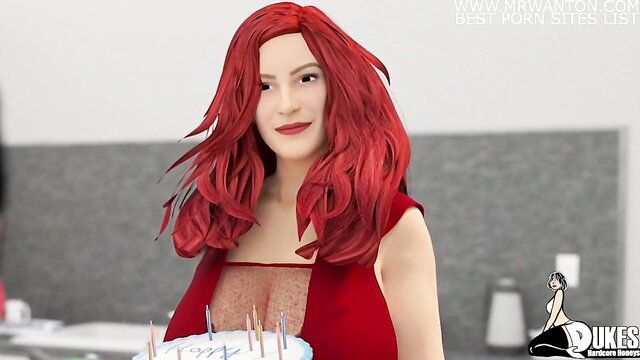 Redhead white MILF in sheer top holds birthday cake smiling