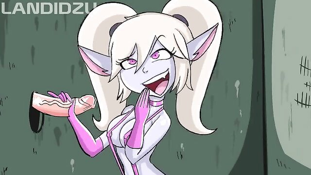 White-haired elf girl with twintails grinning at huge veiny dildo in latex gloves