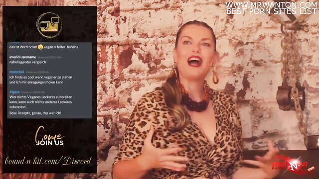 Leopard print clad MILF laughs in BDSM chain setup, BoundNHit stream