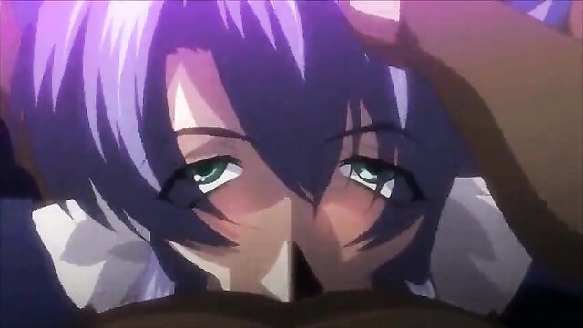 Purple-haired anime hentai girl close-up face with hand on flushed cheeks