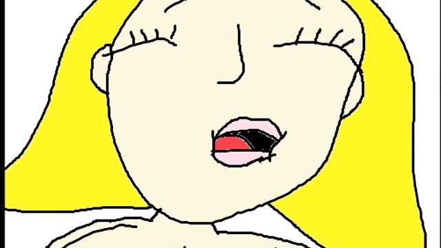 Blonde cartoon chick with open mouth in ecstasy, squirting solo