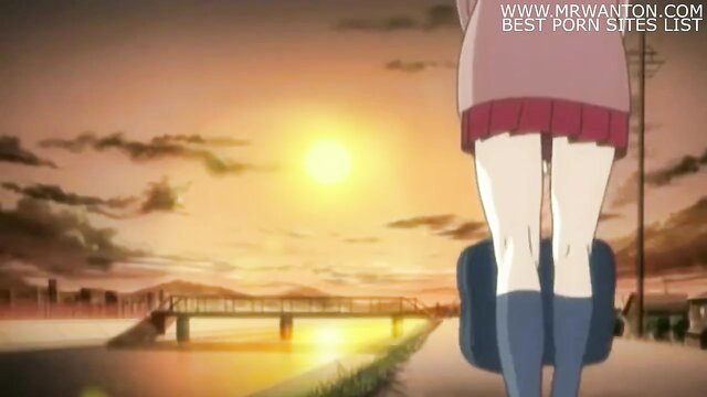 Anime schoolgirl in skirt and stockings at sunset, upskirt tease view