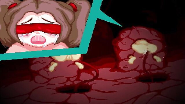 Blindfolded anime girl with twintails in pixel hentai closeup