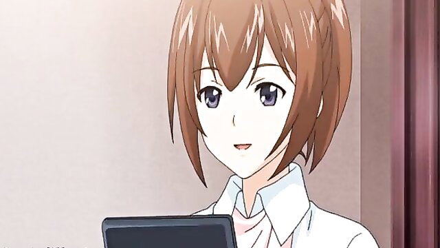 Cute anime maid in white blouse smiles at JAV hotel group sex preview