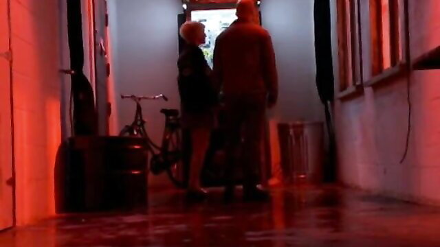 TS Danni Daniels with straight couple in dim red-lit hallway