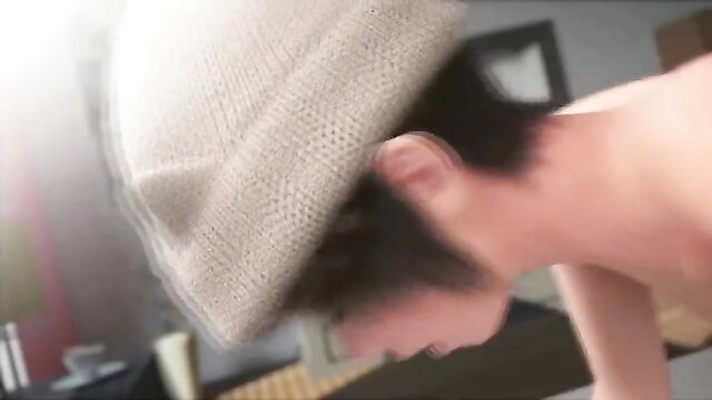 Blurry closeup of woman in white knit hat bending over nude