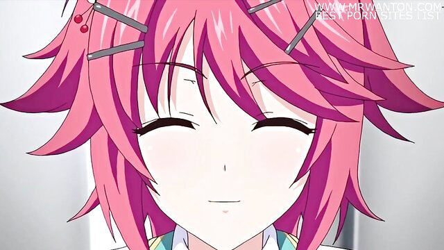 Pink-haired anime MILF Sensei smiling in tight leotard, sexy hentai